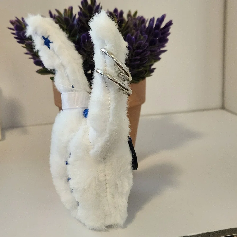 White Faux Fur Stitched Bunny Plush Bag Charm Blue Embroidery Pierced Ears 5